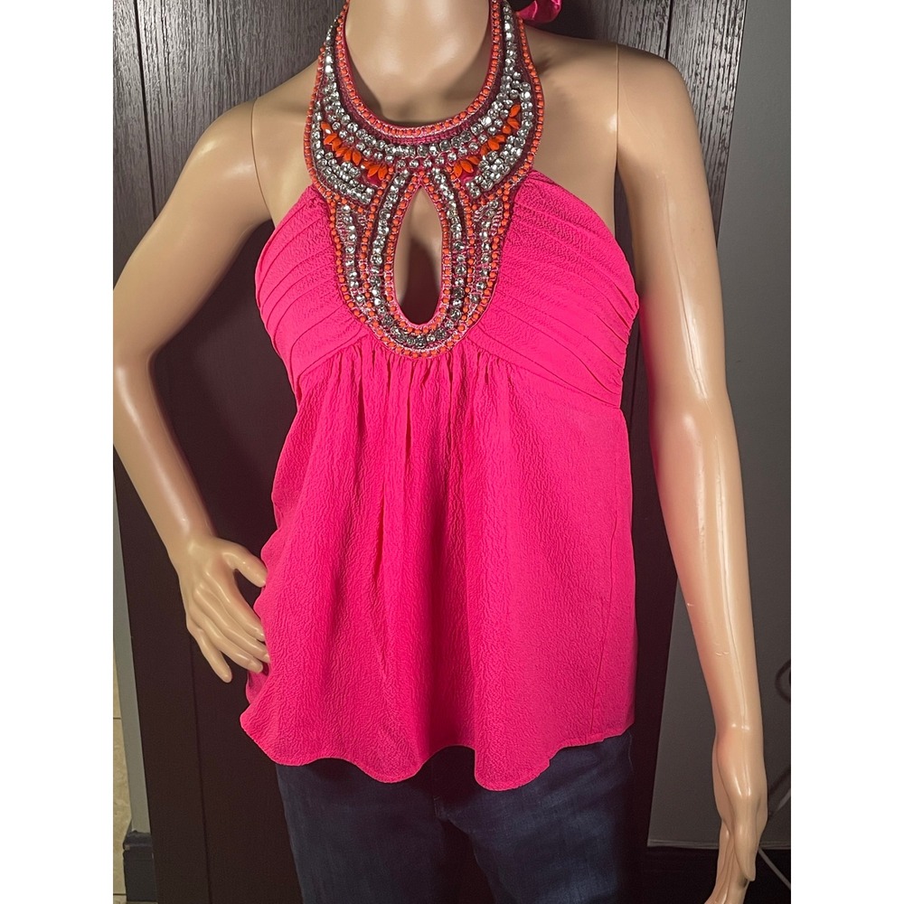 Bebe NWT Pink Rhinestone Beaded Halter Top Y2K Glam Keyhole Size S